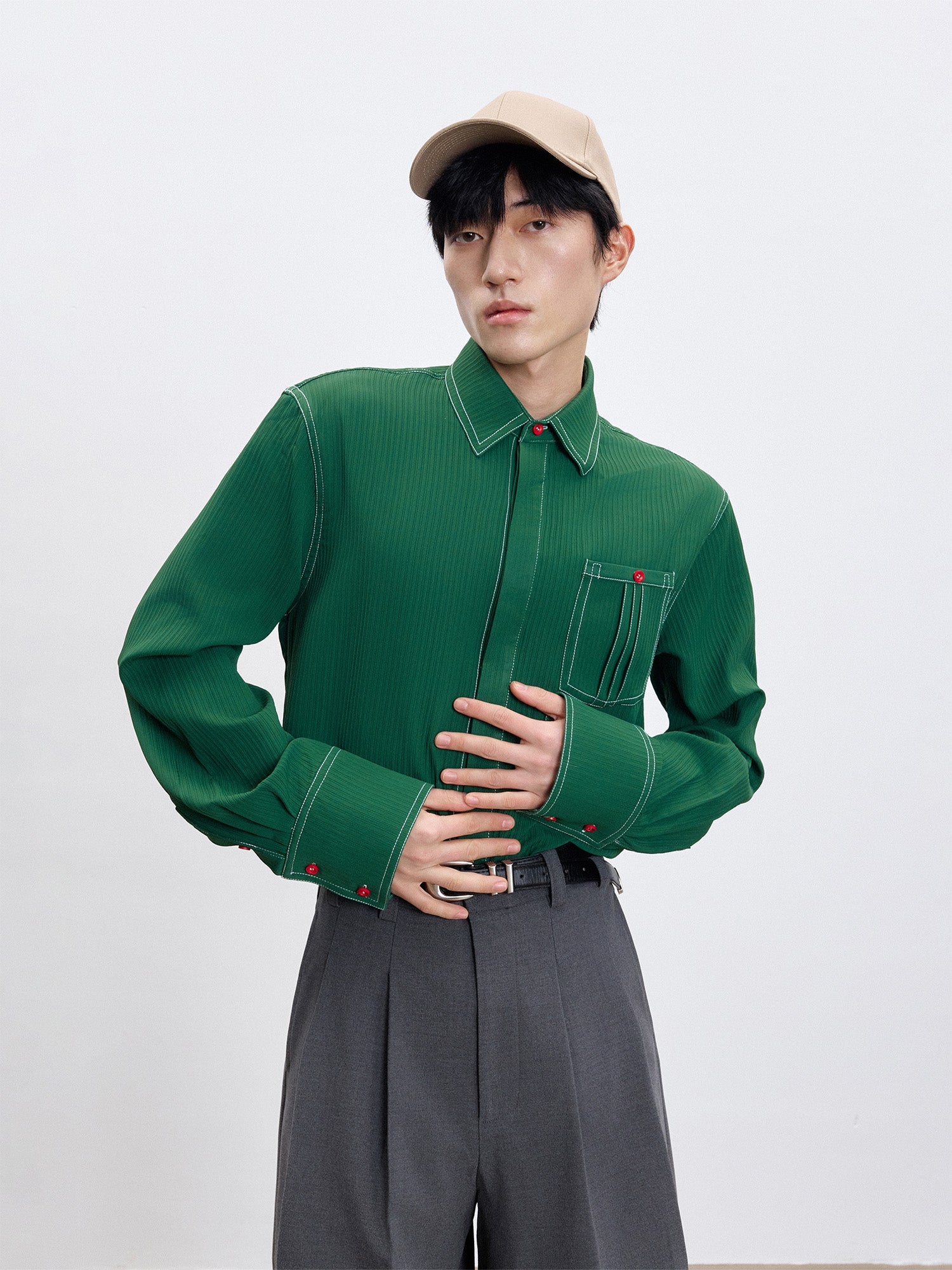 TUIMU Essential Contrast-Stitch Shirt-Shirt-S (Preorder)-Long-Free Shipping Leatheretro