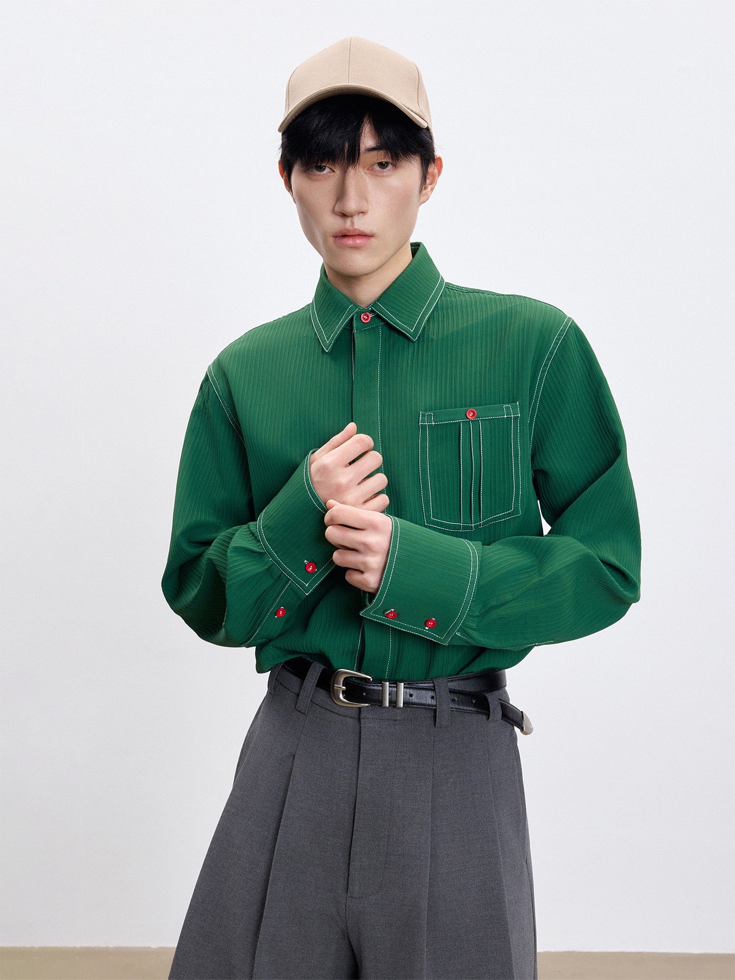 TUIMU Essential Contrast-Stitch Shirt-Shirt-S (Preorder)-Long-Free Shipping Leatheretro