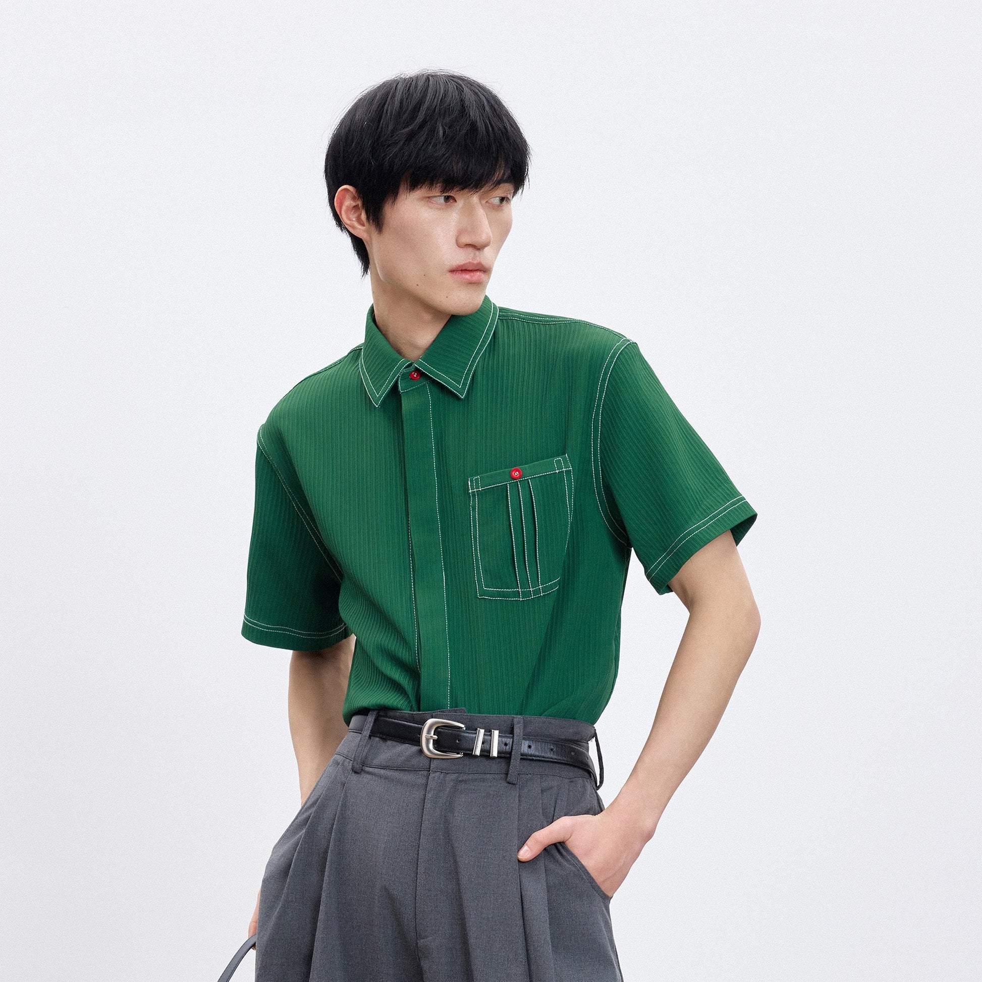 TUIMU Essential Contrast-Stitch Shirt-Shirt-S (Preorder)-Long-Free Shipping Leatheretro