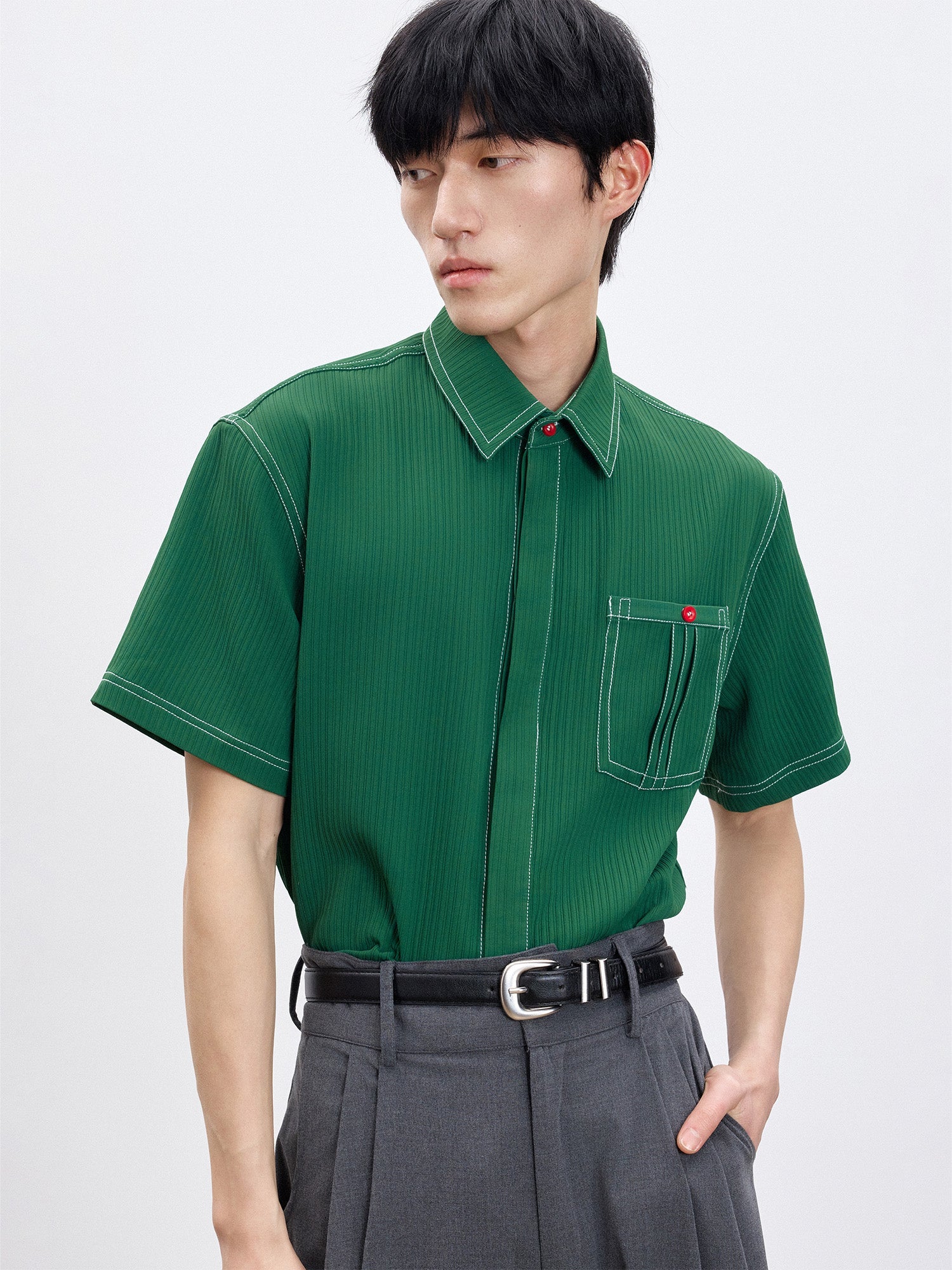 TUIMU Essential Contrast-Stitch Shirt-Shirt-S (Preorder)-Long-Free Shipping Leatheretro
