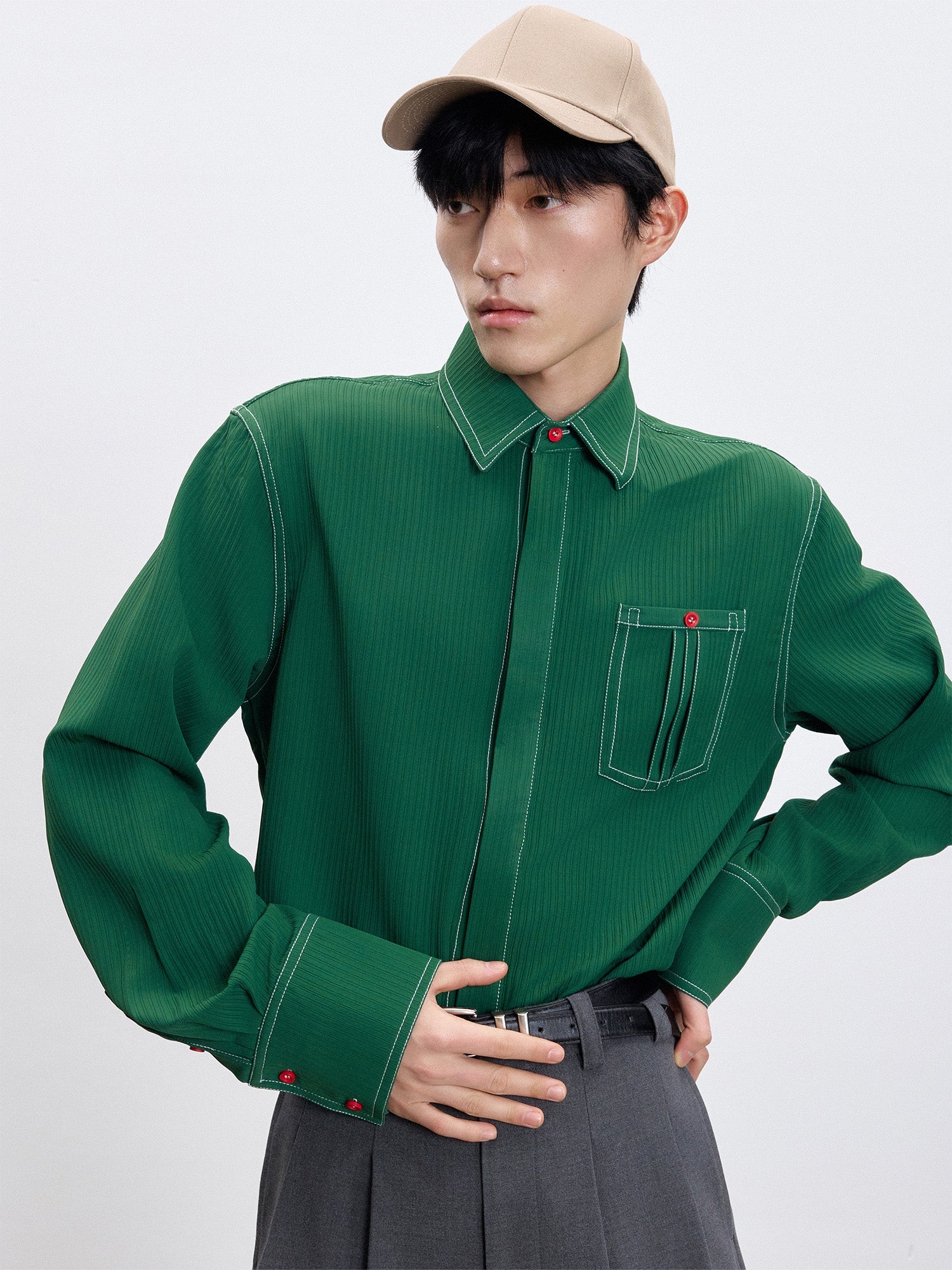 TUIMU Essential Contrast-Stitch Shirt-Shirt-S (Preorder)-Long-Free Shipping Leatheretro