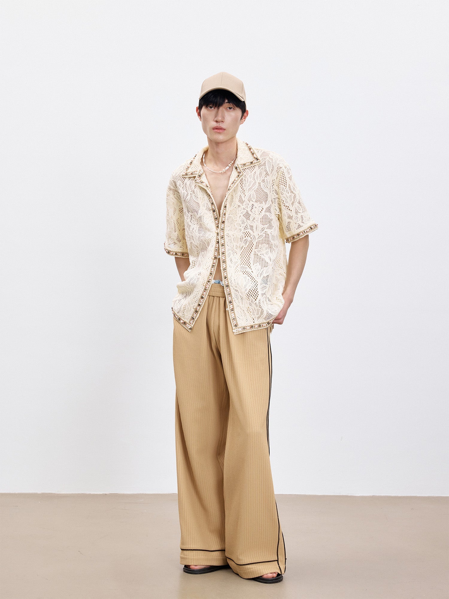 TUIMU Beaded Trim Open-Knit Jacquard Half Shirt-Shirt-S (Preorder)-Free Shipping Leatheretro
