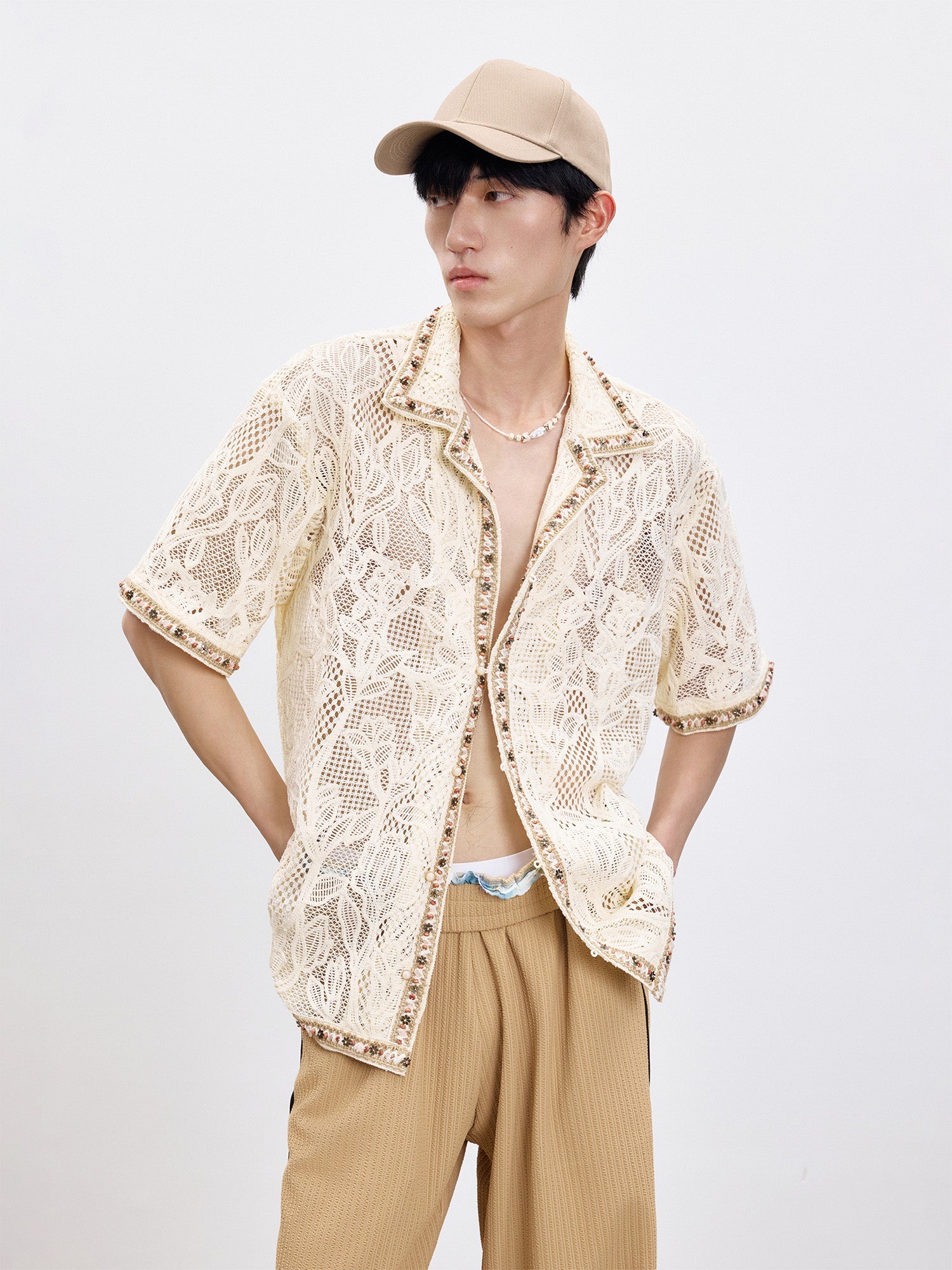 TUIMU Beaded Trim Open-Knit Jacquard Half Shirt-Shirt-S (Preorder)-Free Shipping Leatheretro