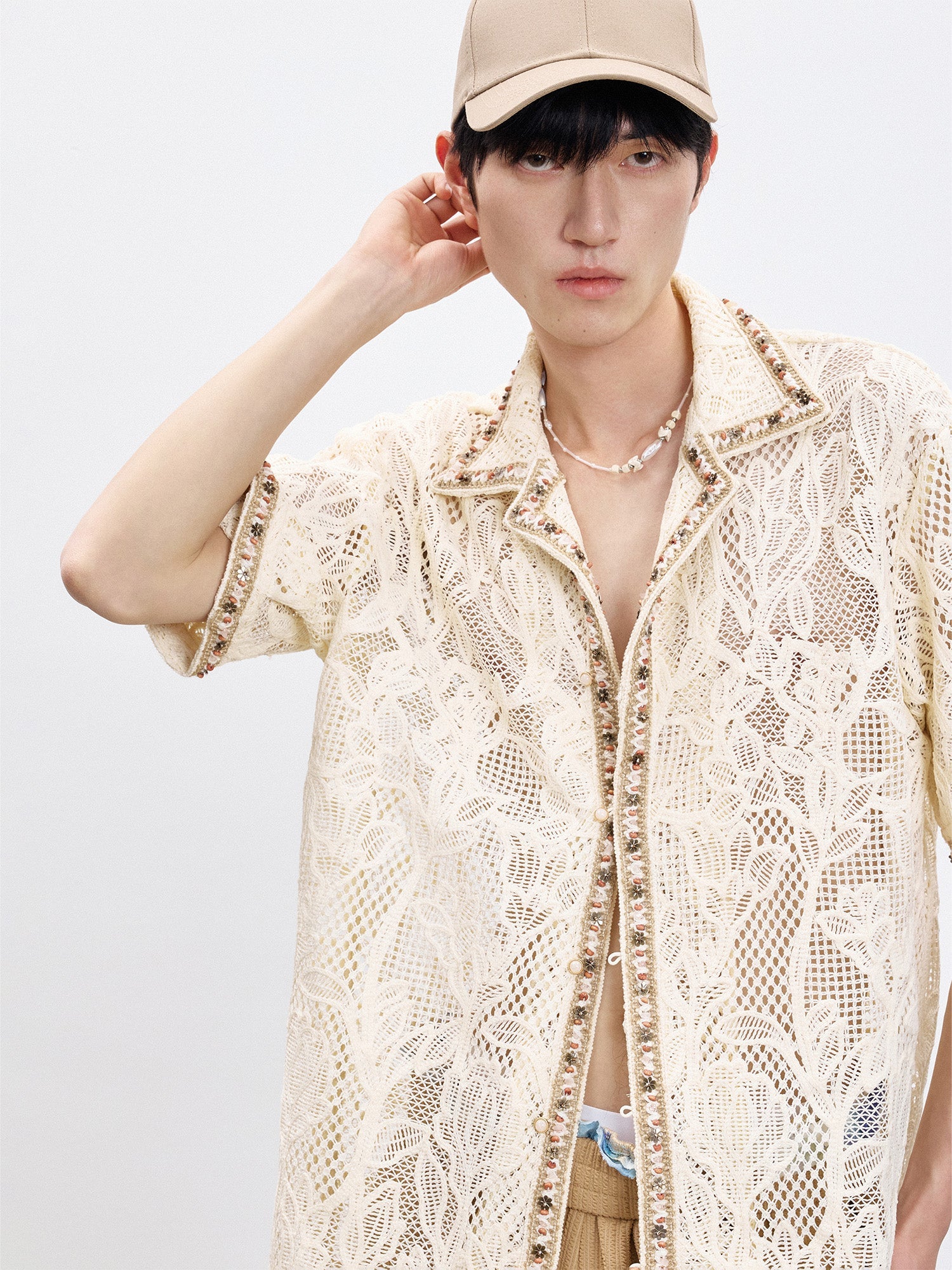 TUIMU Beaded Trim Open-Knit Jacquard Half Shirt-Shirt-S (Preorder)-Free Shipping Leatheretro