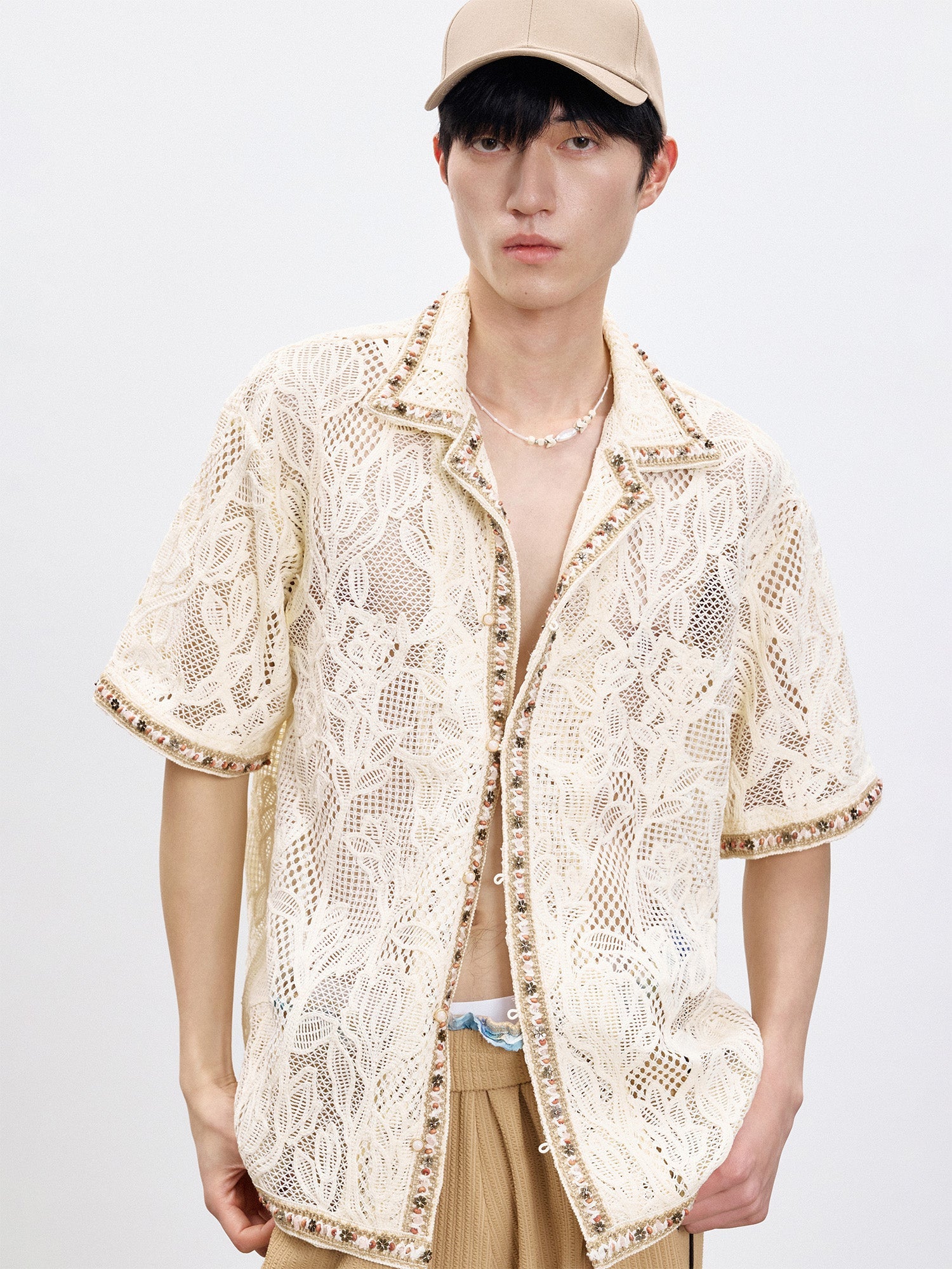 TUIMU Beaded Trim Open-Knit Jacquard Half Shirt-Shirt-S (Preorder)-Free Shipping Leatheretro
