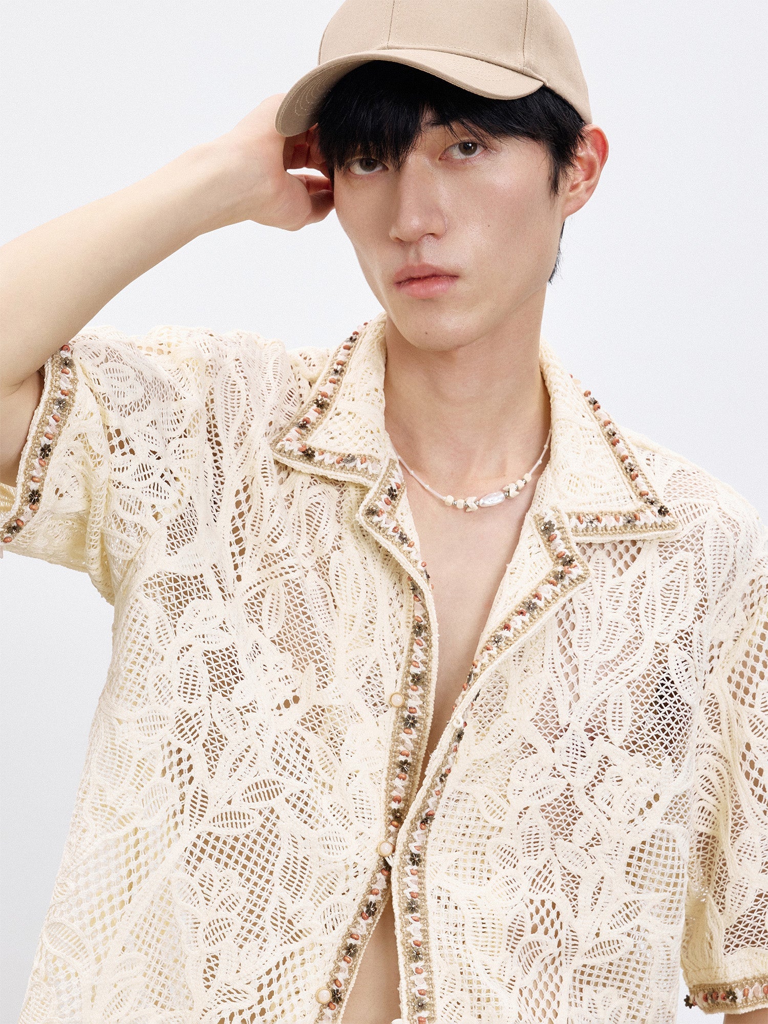 TUIMU Beaded Trim Open-Knit Jacquard Half Shirt-Shirt-S (Preorder)-Free Shipping Leatheretro