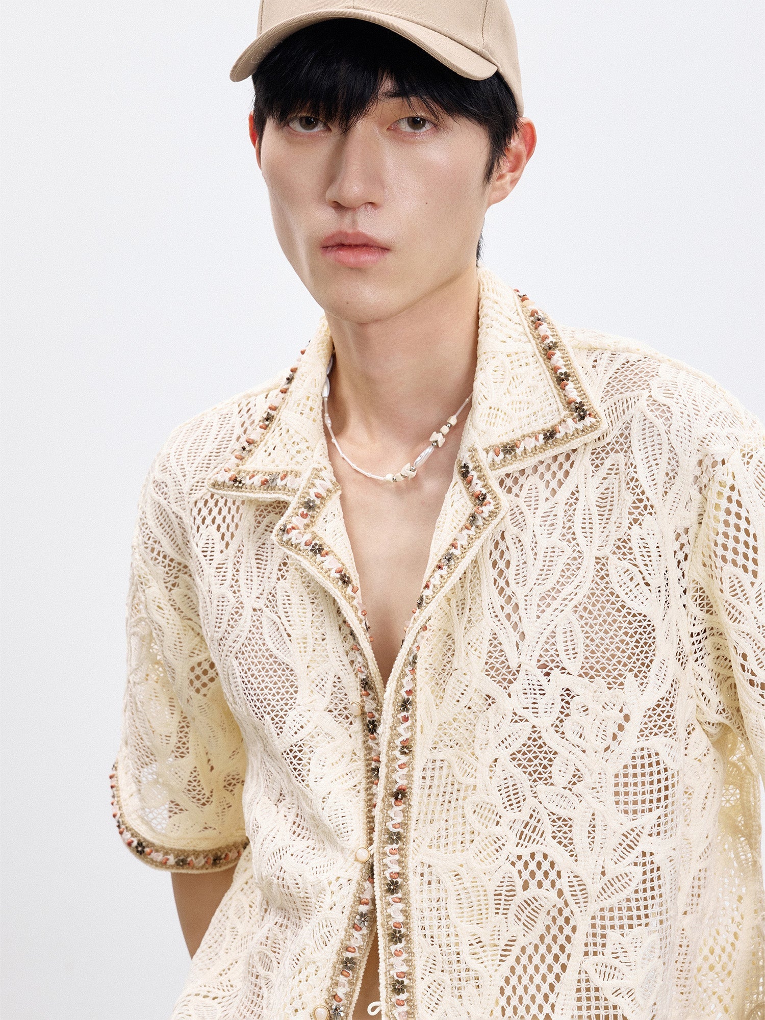 TUIMU Beaded Trim Open-Knit Jacquard Half Shirt-Shirt-S (Preorder)-Free Shipping Leatheretro