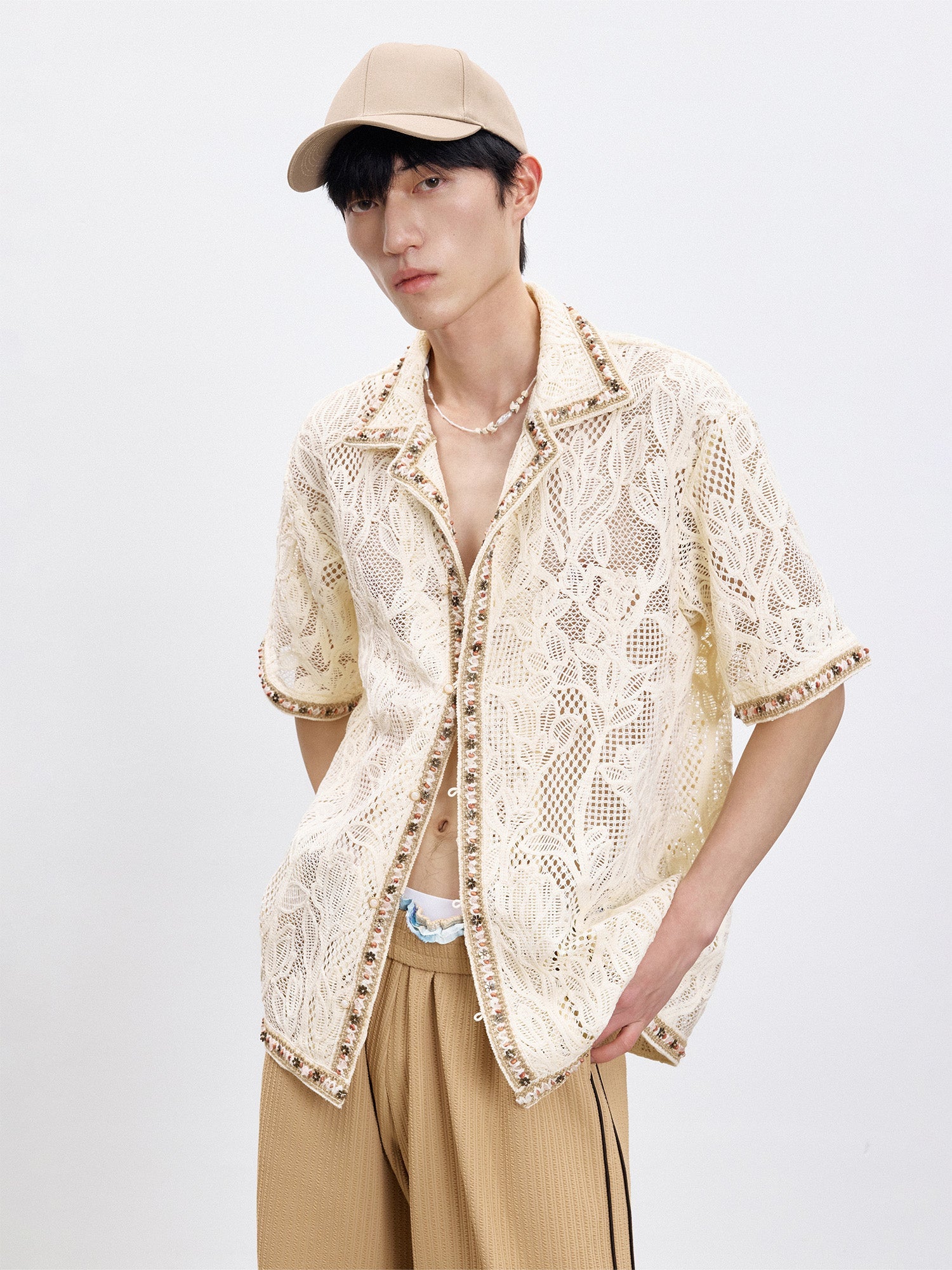 TUIMU Beaded Trim Open-Knit Jacquard Half Shirt-Shirt-S (Preorder)-Free Shipping Leatheretro