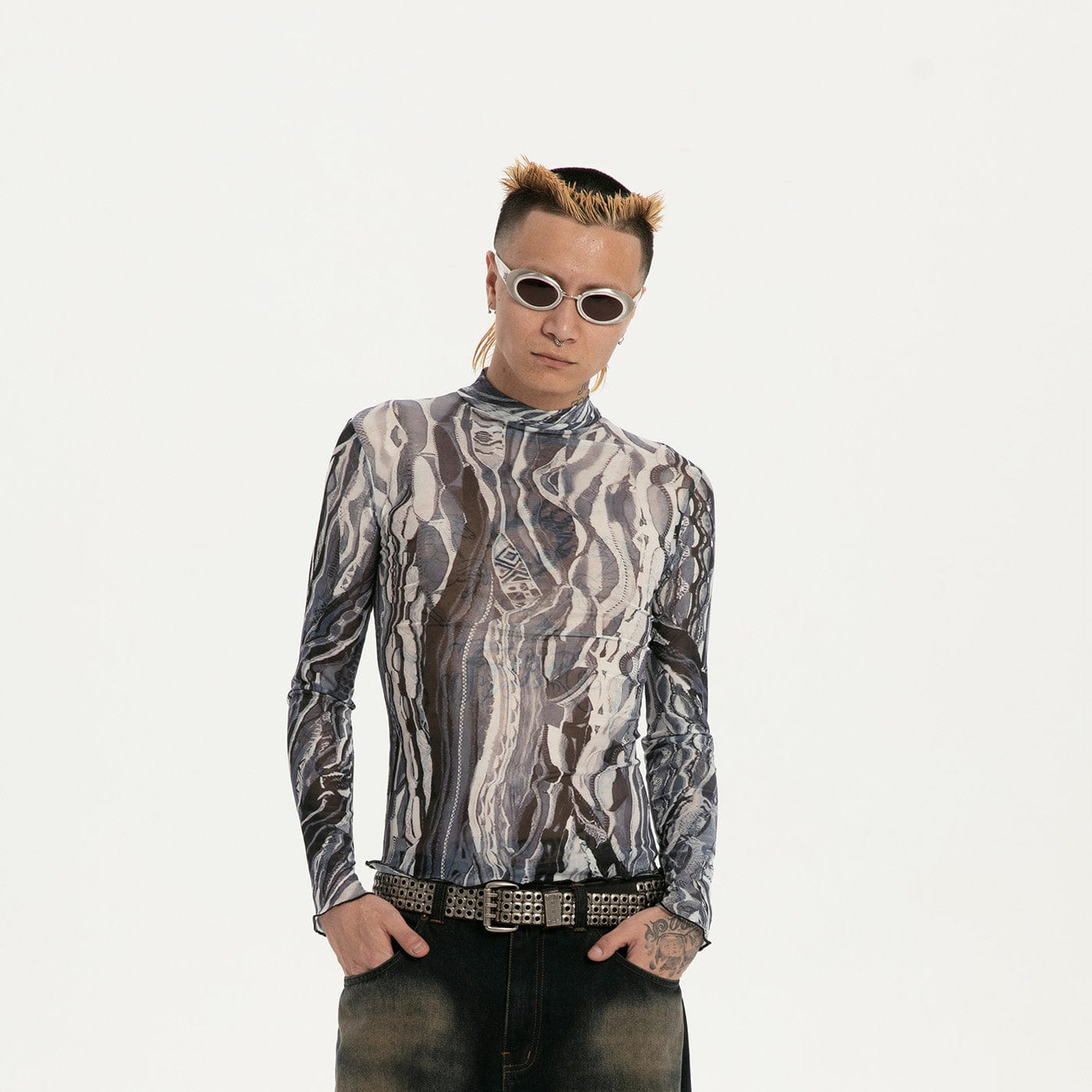 RTVG Abstract Striped Stretchy Slim-Fit L/S Tee-L/S Tee-One Size-Grey-Free Shipping Leatheretro