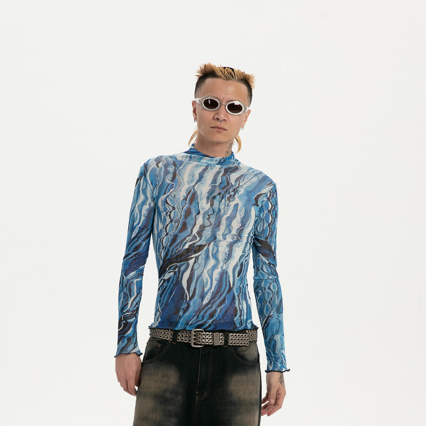 RTVG Abstract Striped Stretchy Slim-Fit L/S Tee-L/S Tee-One Size-Blue-Free Shipping Leatheretro