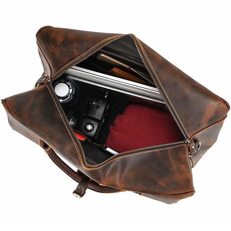 Handcrafted Crazy Horse Leather Travel Duffle-Duffle Bags-Coffee-Free Shipping Leatheretro