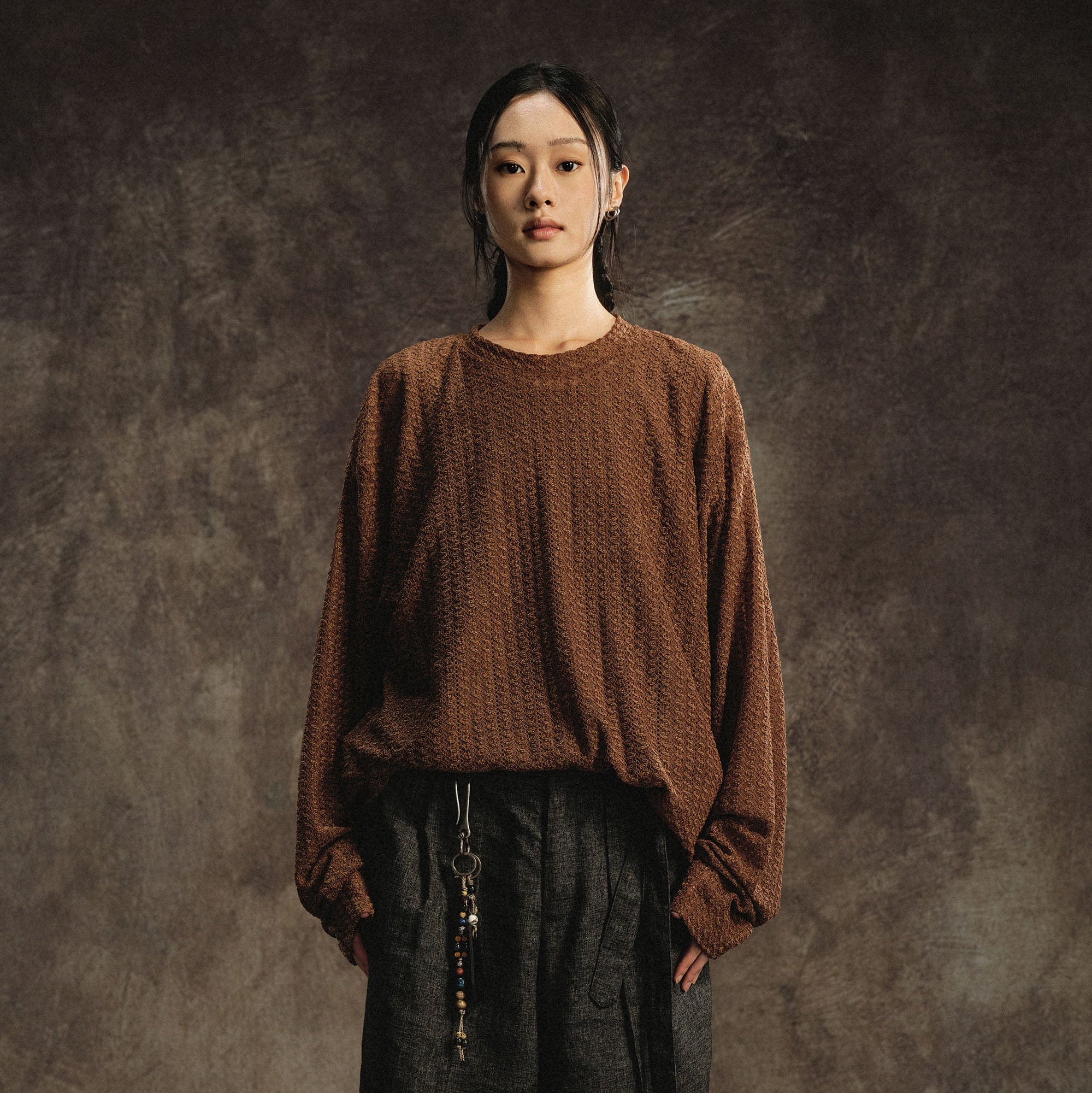 GONGHE REPUB Lightweight Wave-Knitted Openwork Long-Sleeve Tee-L/S Tee-S-Brown-Free Shipping Leatheretro