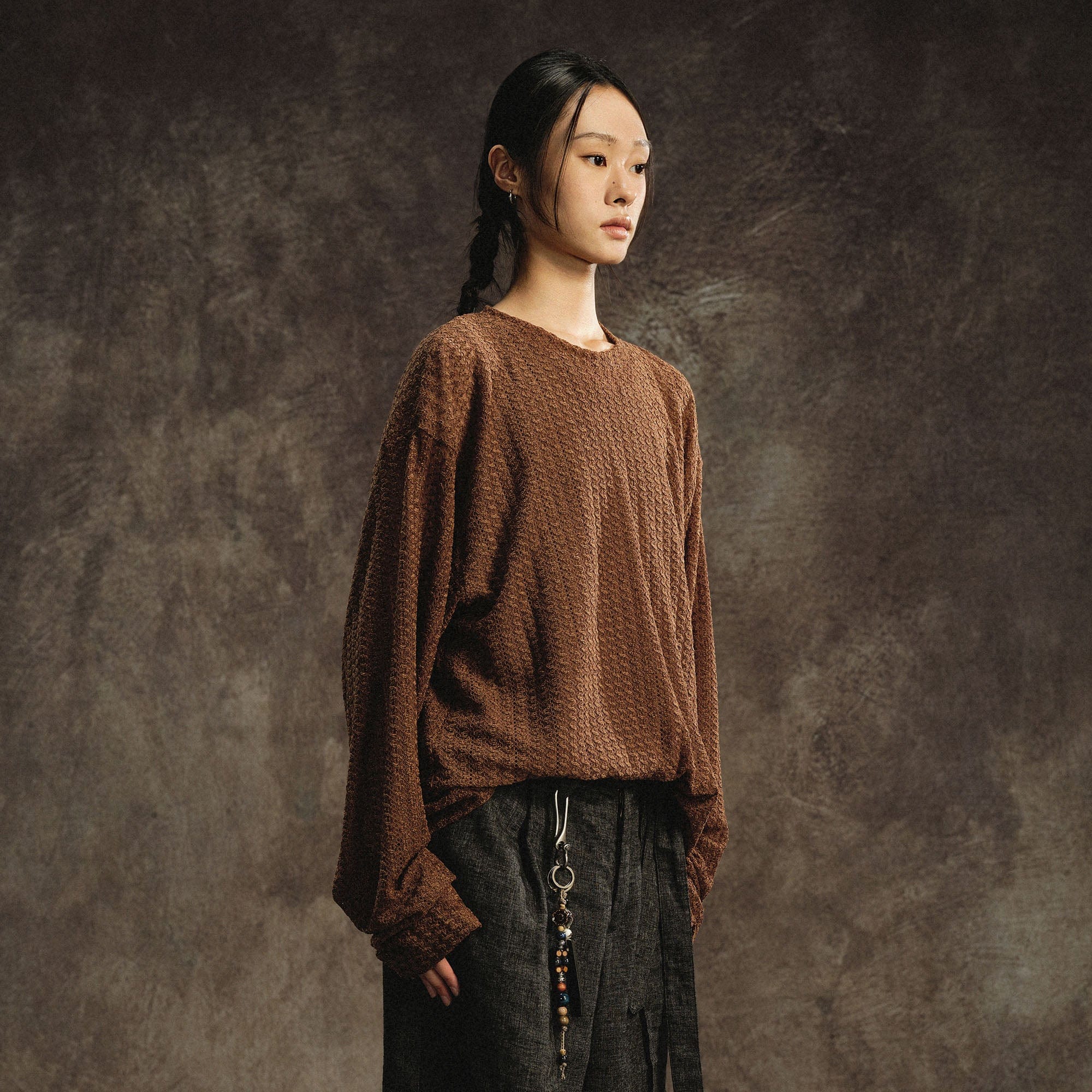 GONGHE REPUB Lightweight Wave-Knitted Openwork Long-Sleeve Tee-L/S Tee-S-Brown-Free Shipping Leatheretro
