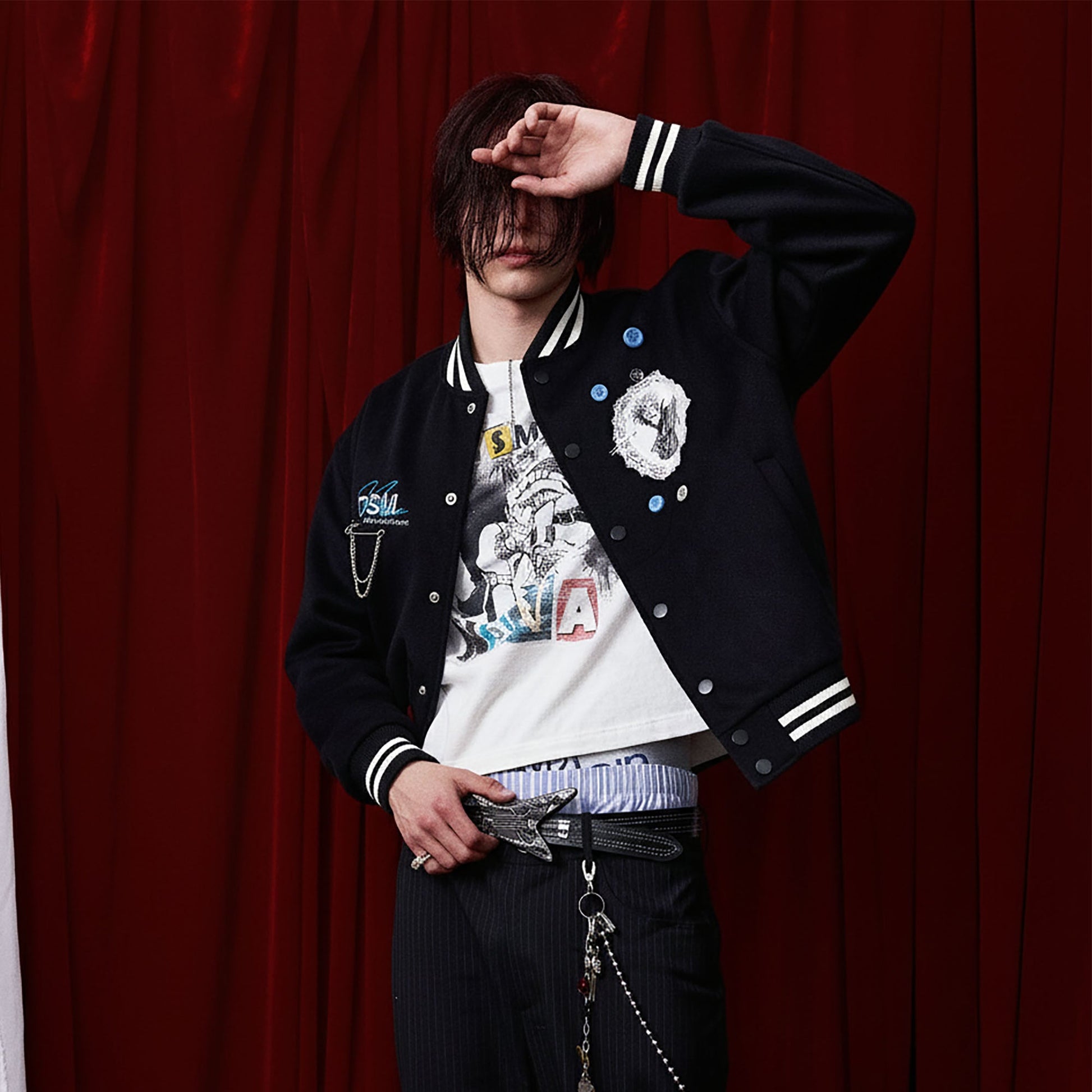 DONSMOKE Embellished Manga Patch Varsity Jacket-Jacket-S-Black-Free Shipping Leatheretro