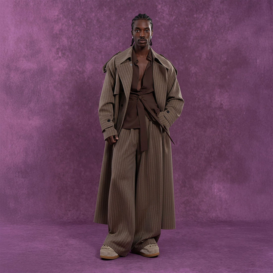 CLP Modern Pinstriped Oversized Trench-Jacket-S-Coffee-Free Shipping Leatheretro