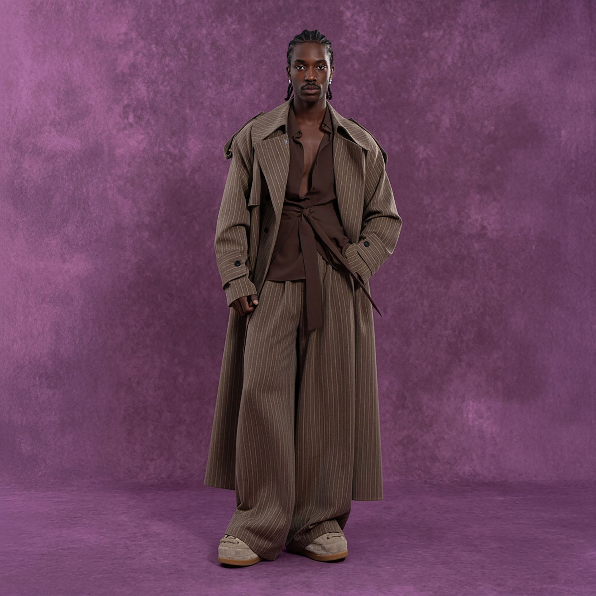 CLP Modern Pinstriped Oversized Trench-Jacket-S-Coffee-Free Shipping Leatheretro