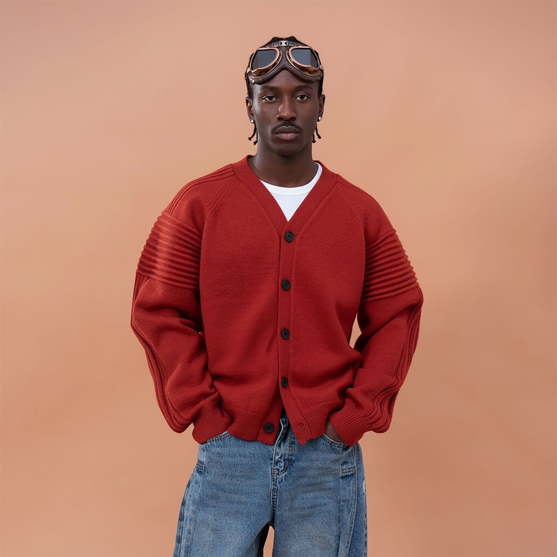 CLP Modern V-Neck Cardigan-Jacket-M-Red-Free Shipping Leatheretro