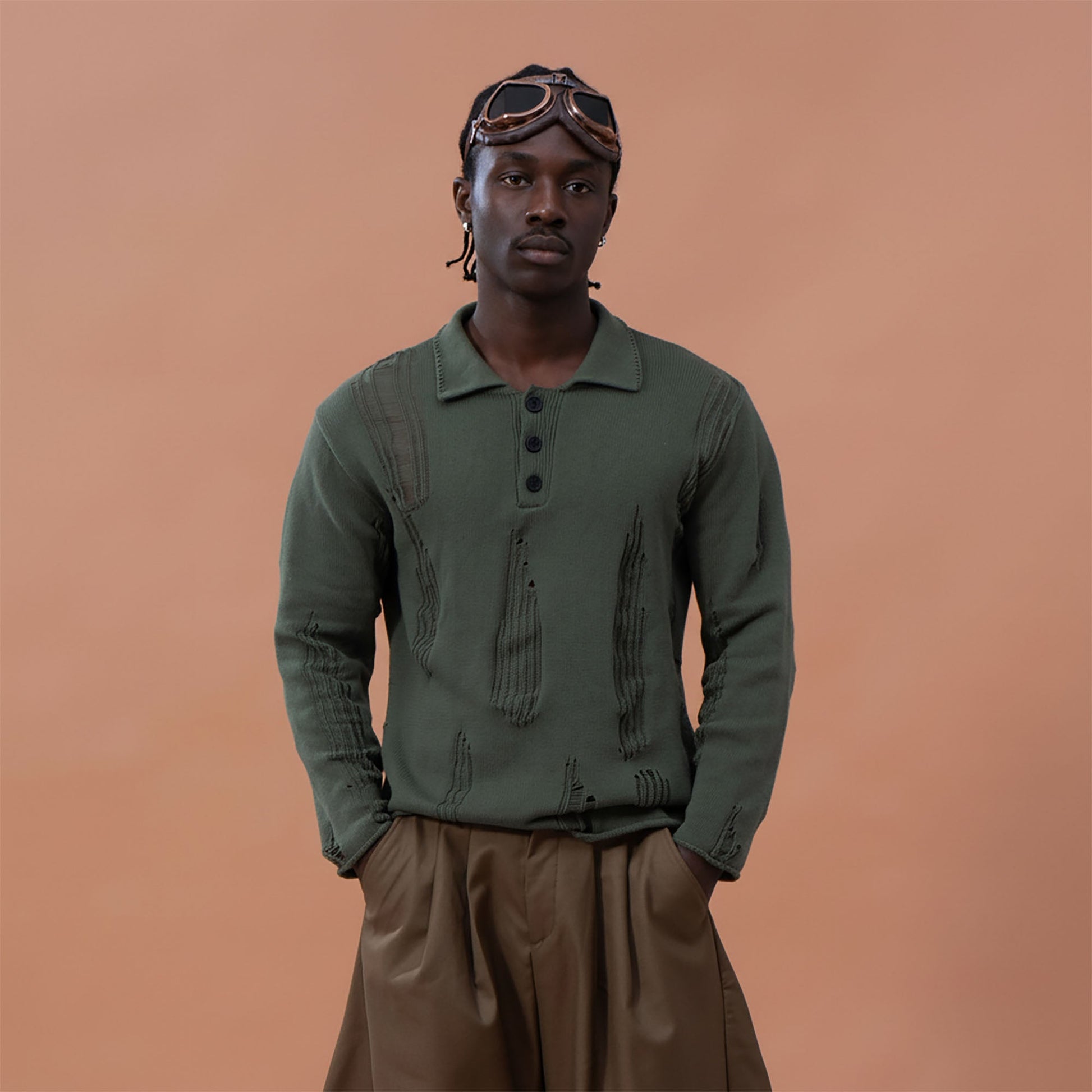 CLP Distressed Polo Sweater-Sweater-M-Dark Green-Free Shipping Leatheretro