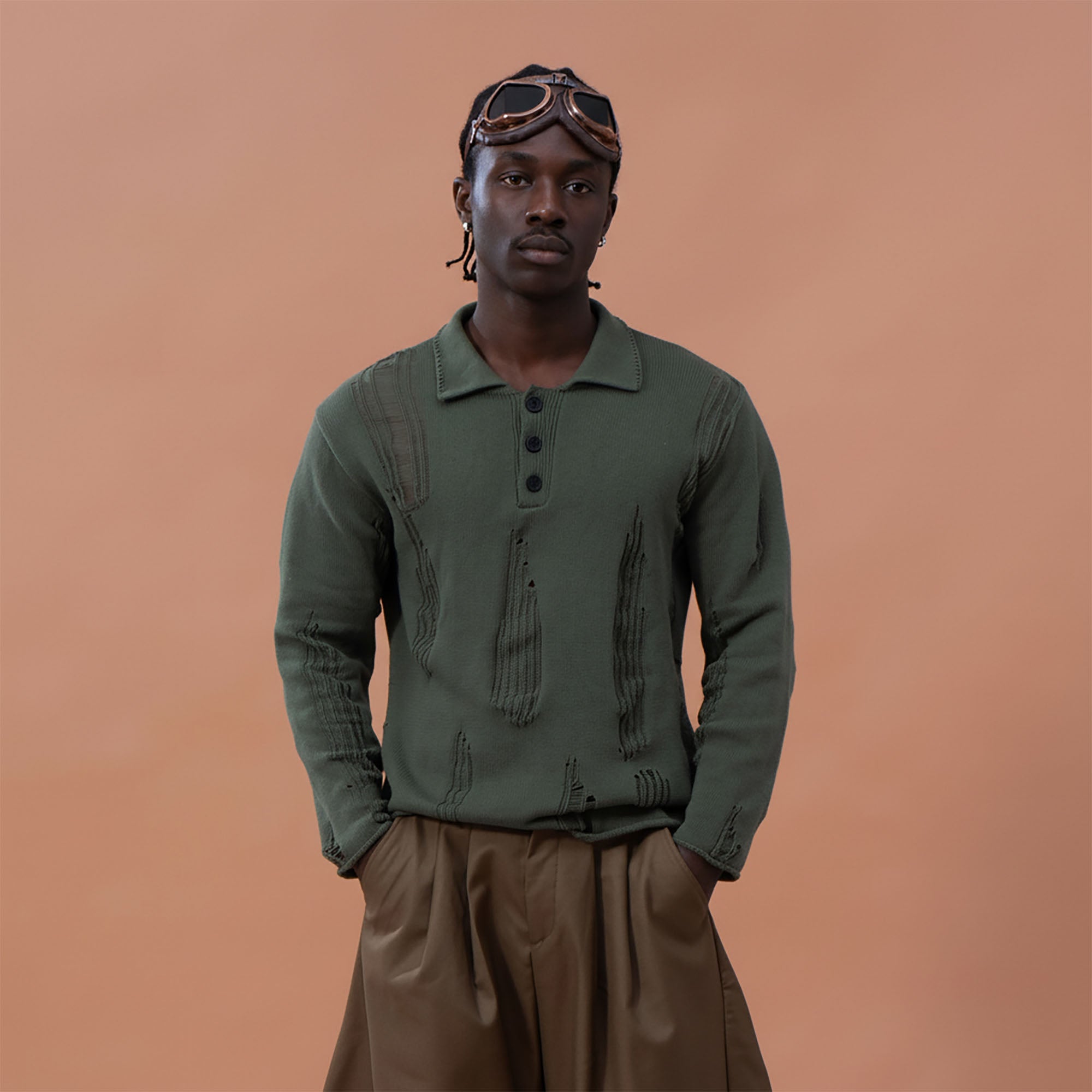 CLP Distressed Polo Sweater-Sweater-M-Dark Green-Free Shipping Leatheretro