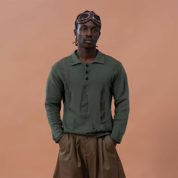 CLP Distressed Polo Sweater-Sweater-M-Dark Green-Free Shipping Leatheretro