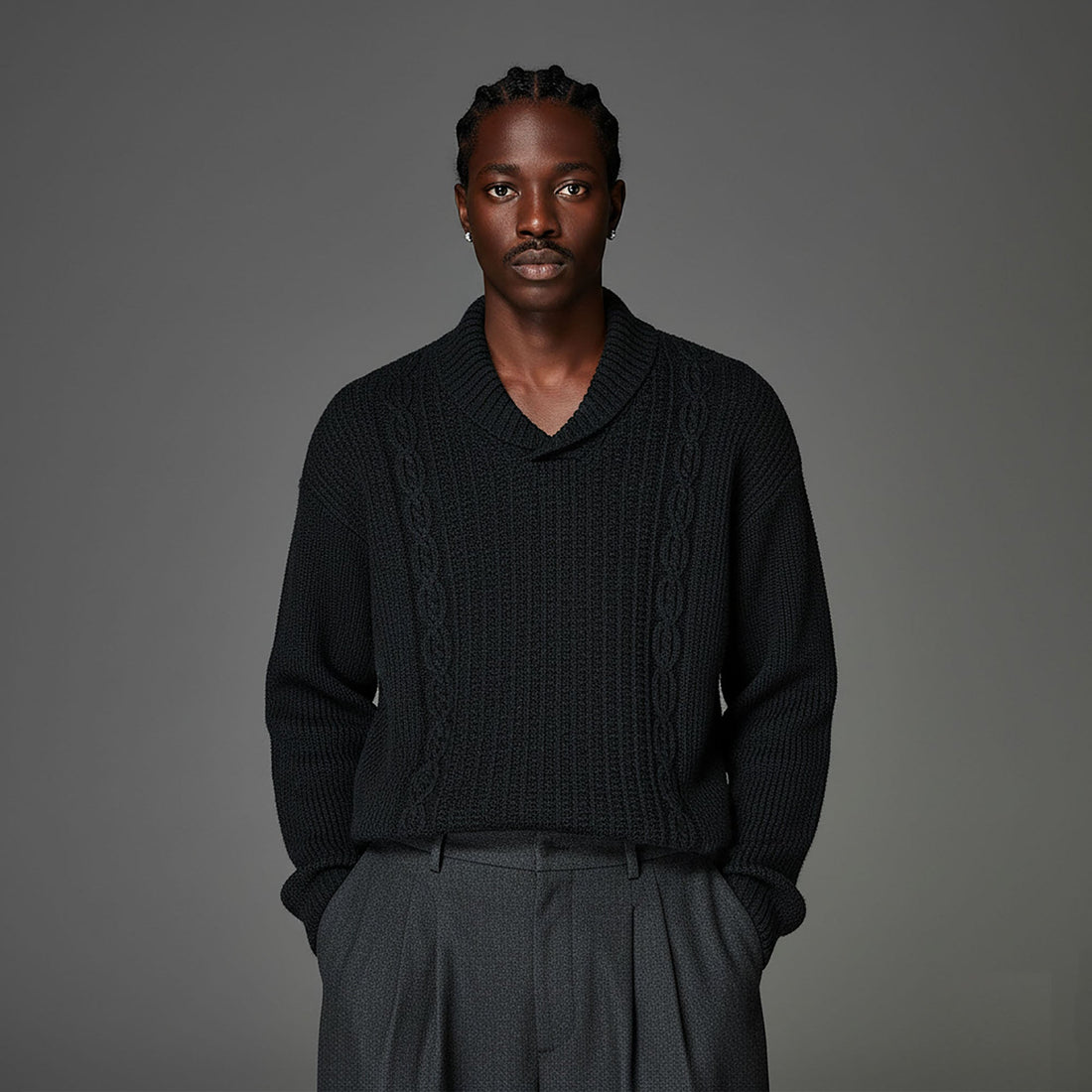 CATSSTAC Wool-Blend Shawl-Collar Cable Knit Sweater-Sweater-M-Dark Gray-Free Shipping Leatheretro