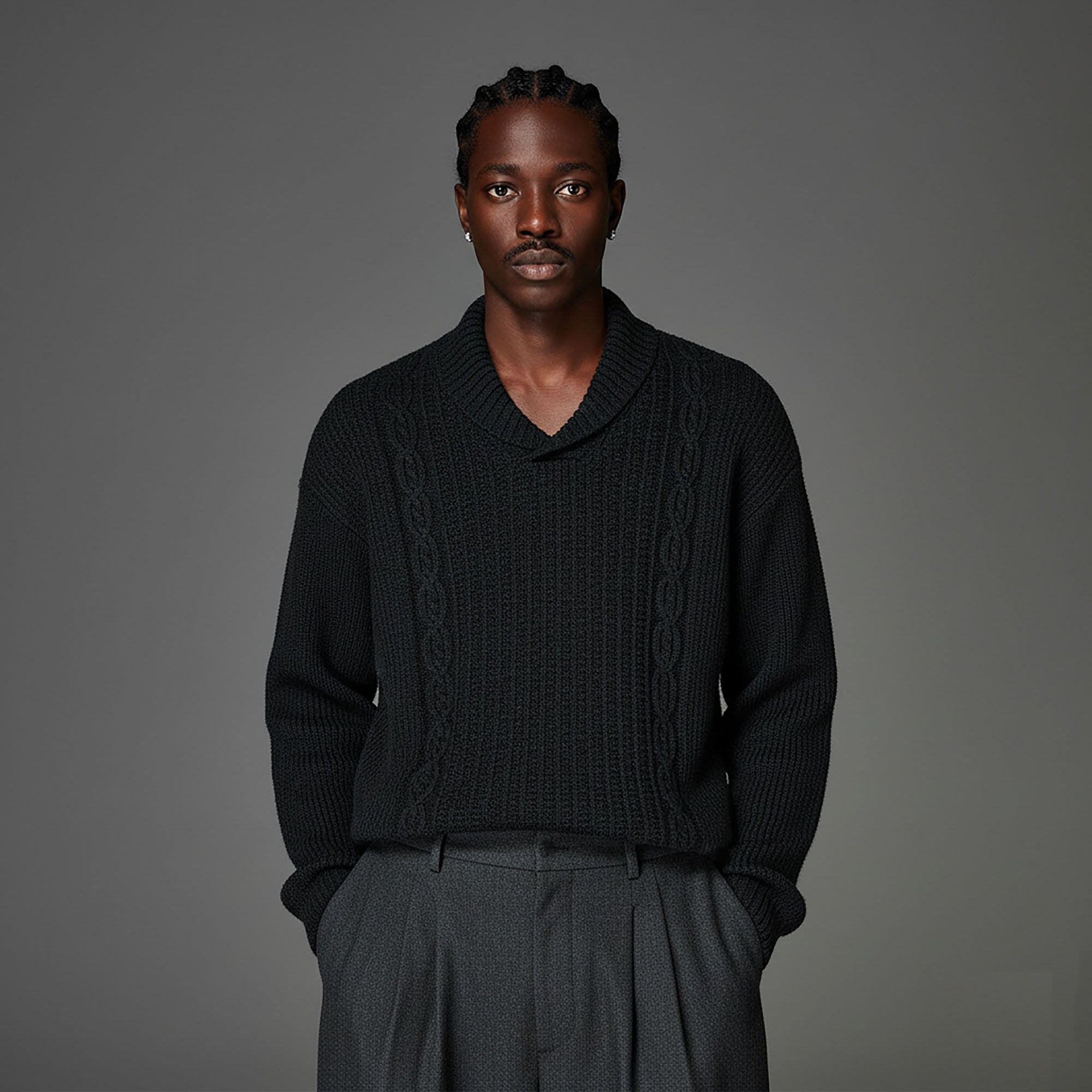 CATSSTAC Wool-Blend Shawl-Collar Cable Knit Sweater-Sweater-M-Dark Gray-Free Shipping Leatheretro