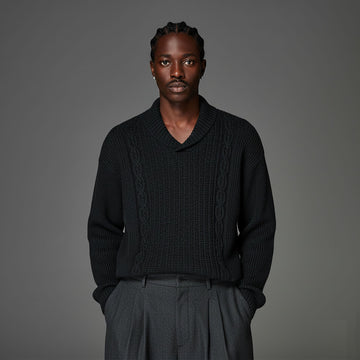 CATSSTAC Wool-Blend Shawl-Collar Cable Knit Sweater-Sweater-M-Dark Gray-Free Shipping Leatheretro