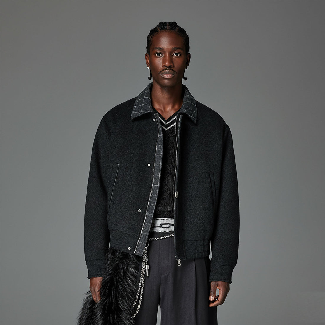 CATSSTAC Wool-Blend Plaid-Collar Bomber Jacket-Jacket-M-Gray-Free Shipping Leatheretro