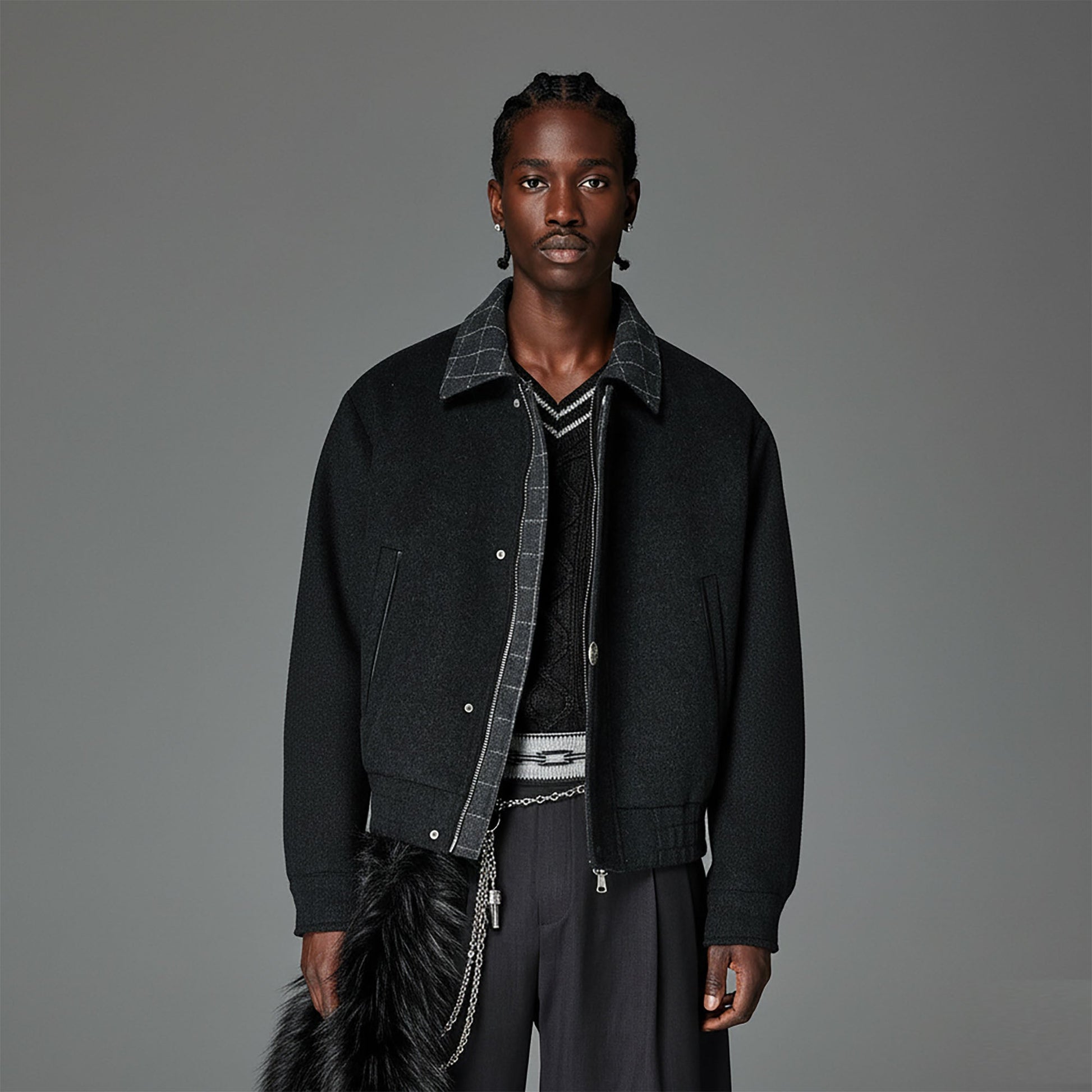 CATSSTAC Wool-Blend Plaid-Collar Bomber Jacket-Jacket-M-Gray-Free Shipping Leatheretro