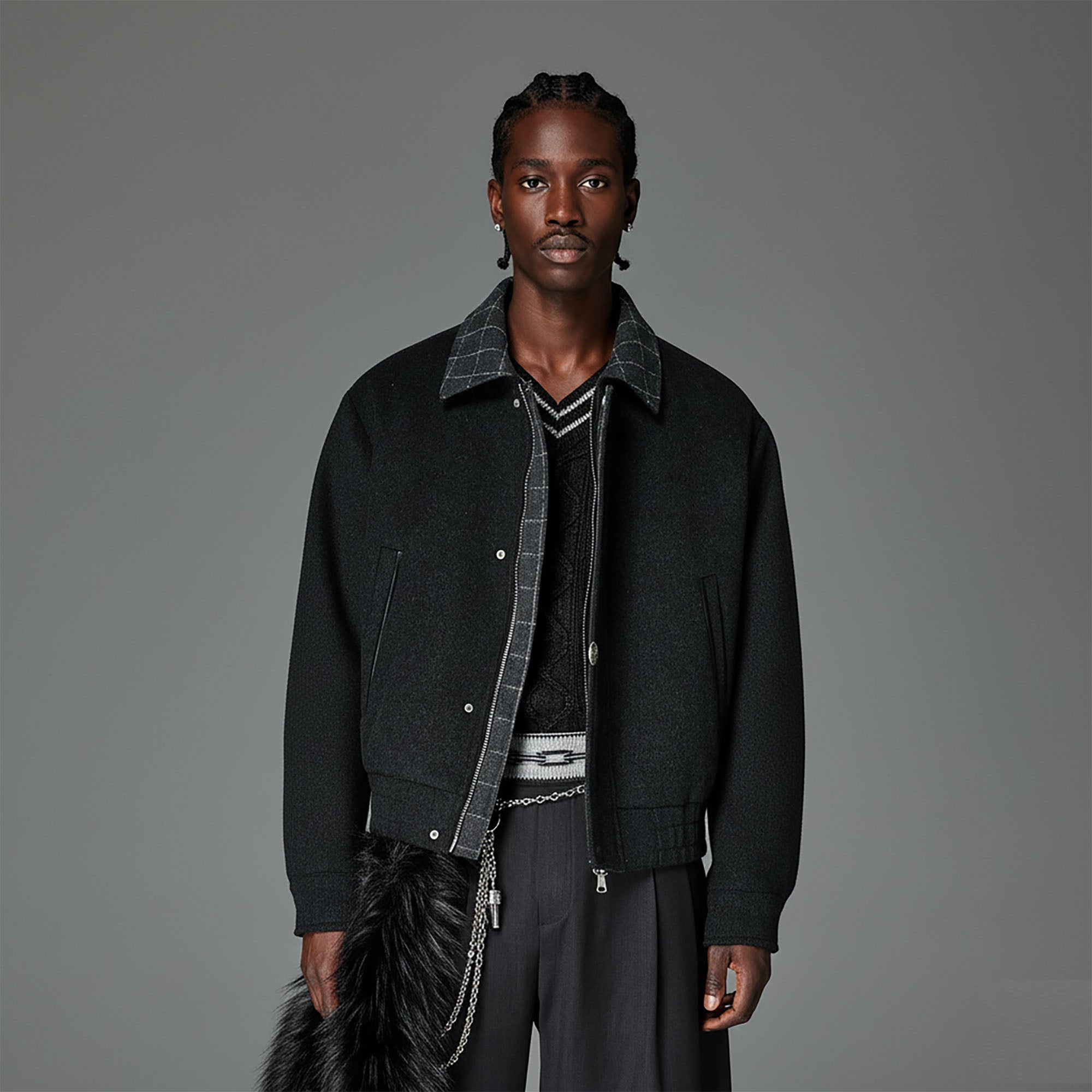 CATSSTAC Wool-Blend Plaid-Collar Bomber Jacket-Jacket-M-Gray-Free Shipping Leatheretro