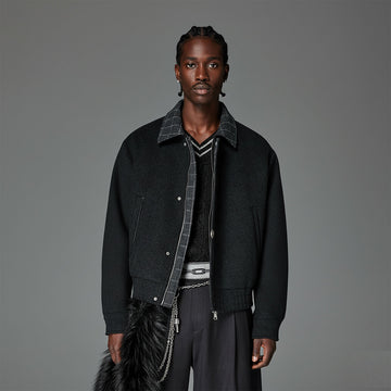 CATSSTAC Wool-Blend Plaid-Collar Bomber Jacket-Jacket-M-Gray-Free Shipping Leatheretro