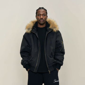 MAKEMORE Detachable Faux Fur Trim Satin Bomber Jacket-Jacket-S-Black-Free Shipping Leatheretro