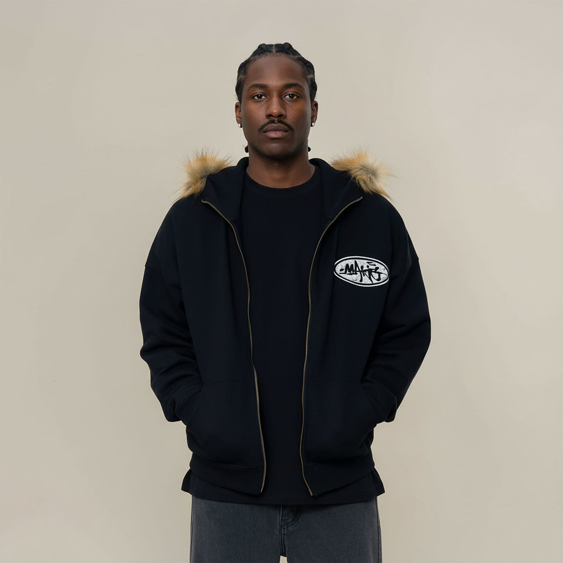 MAKEMORE Faux Fur Trim Pearl Patch Hooded Jacket-Jacket-S-Black-Free Shipping Leatheretro