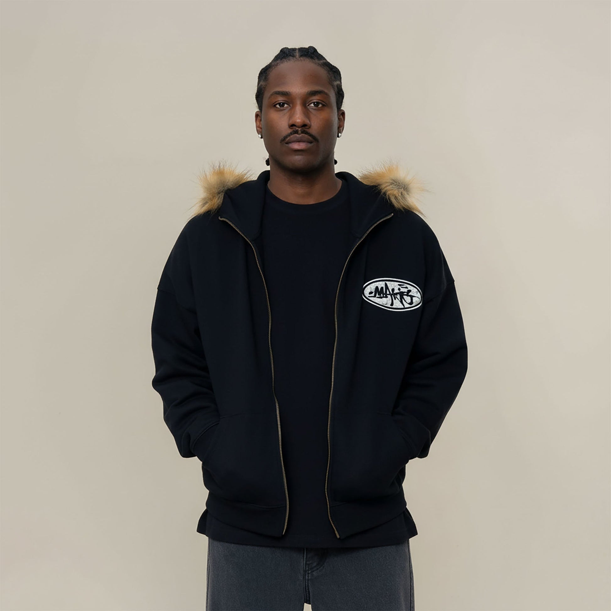 MAKEMORE Faux Fur Trim Pearl Patch Hooded Jacket-Jacket-S-Black-Free Shipping Leatheretro