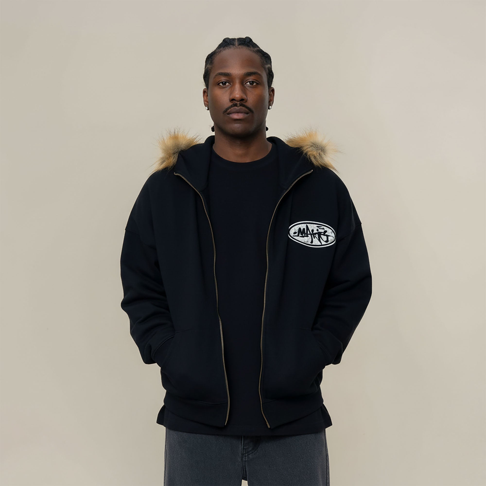 MAKEMORE Faux Fur Trim Pearl Patch Hooded Jacket-Jacket-S-Black-Free Shipping Leatheretro