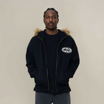 MAKEMORE Faux Fur Trim Pearl Patch Hooded Jacket-Jacket-S-Black-Free Shipping Leatheretro