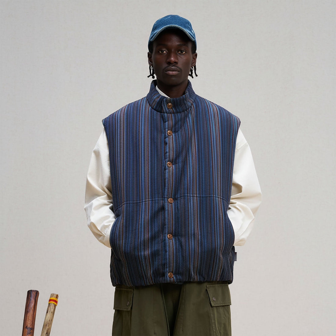 UNLIMITED MOTE Stripe Stand-Collar Padded Vest-Vest-S-Blue-Free Shipping Leatheretro