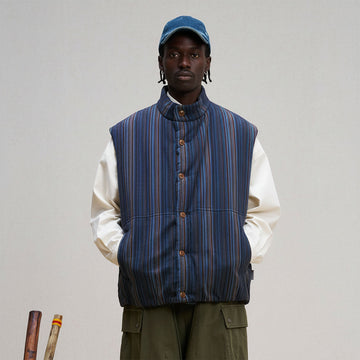 UNLIMITED MOTE Stripe Stand-Collar Padded Vest-Vest-S-Blue-Free Shipping Leatheretro