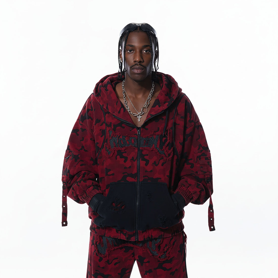 MOGONGSHE Camo Frayed LOGO Patch Hooded Jacket-Jacket-S-Free Shipping Leatheretro