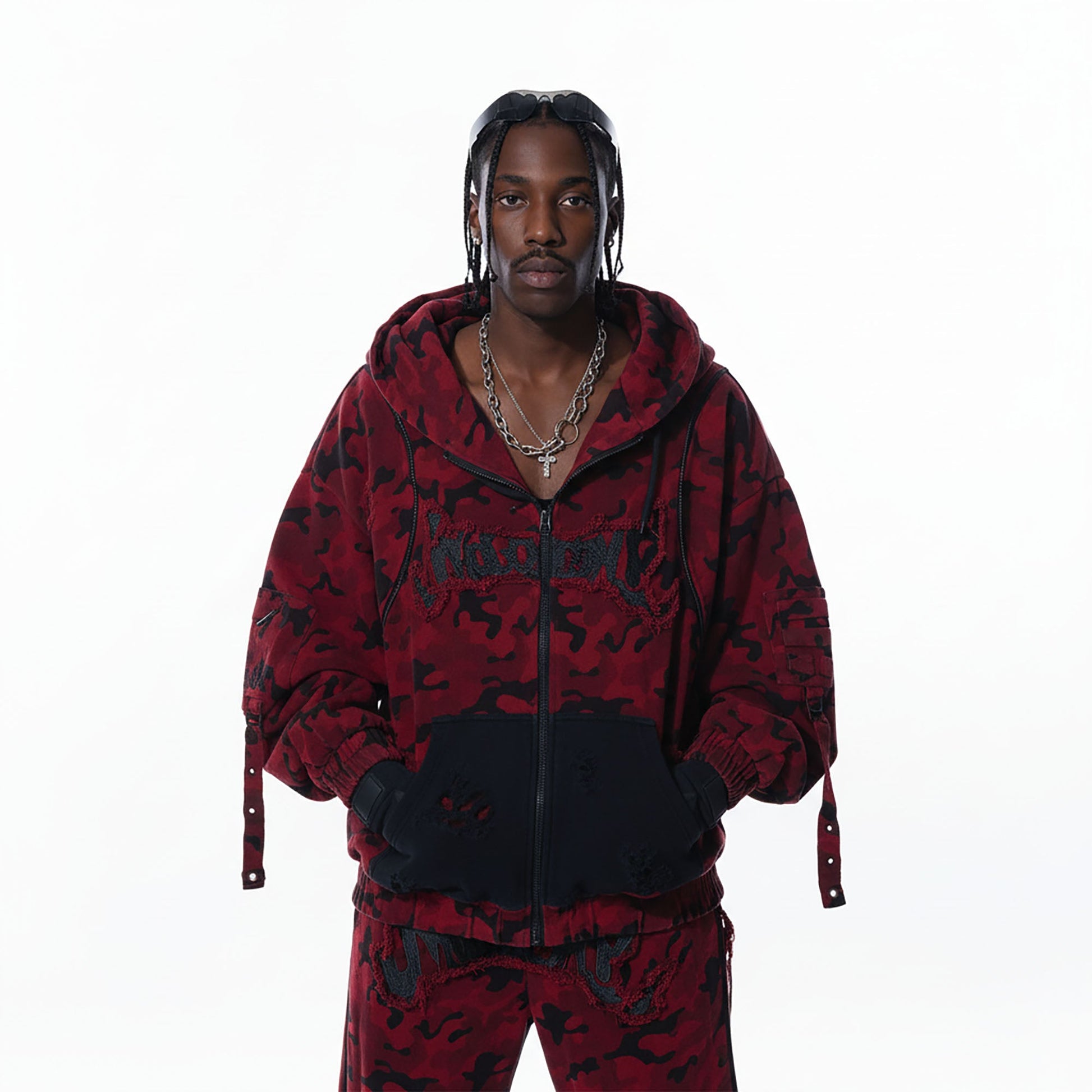 MOGONGSHE Camo Frayed LOGO Patch Hooded Jacket-Jacket-S-Free Shipping Leatheretro