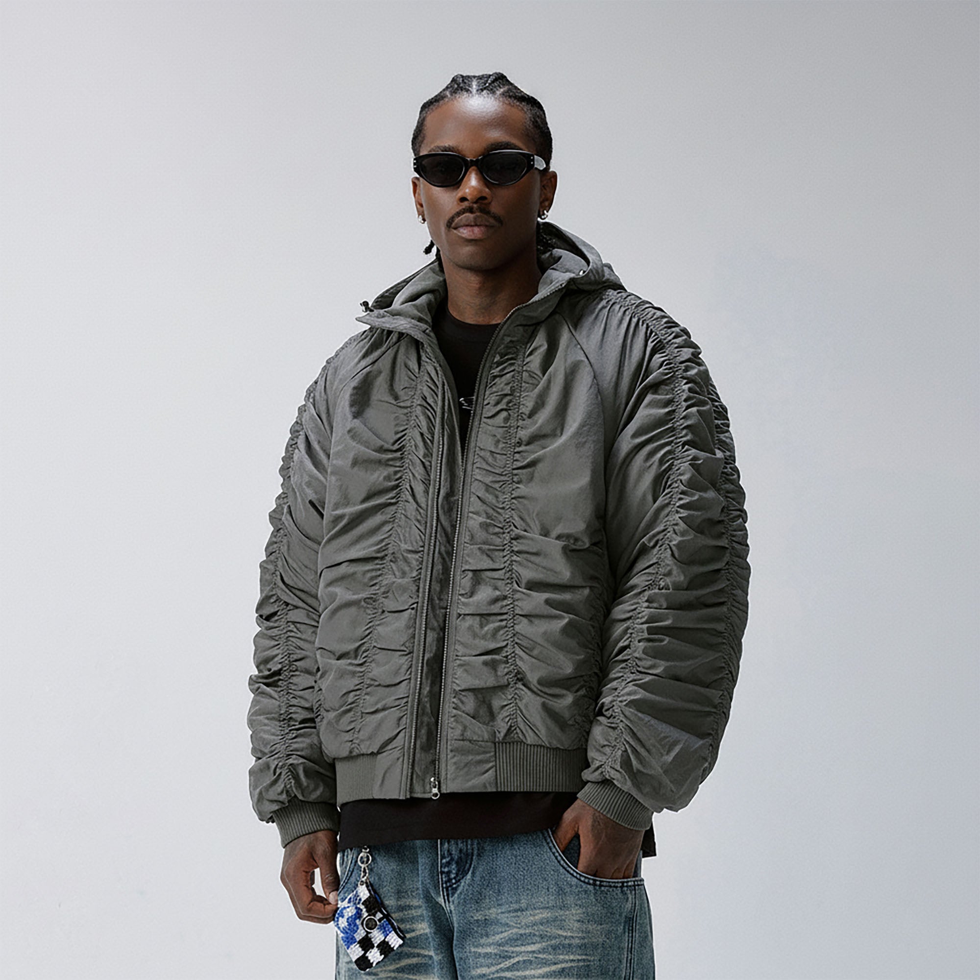 F2CE Ruched Nylon Hooded Bomber-Jacket-S(Preorder)-Free Shipping Leatheretro