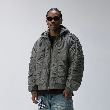 F2CE Ruched Nylon Hooded Bomber-Jacket-S(Preorder)-Free Shipping Leatheretro