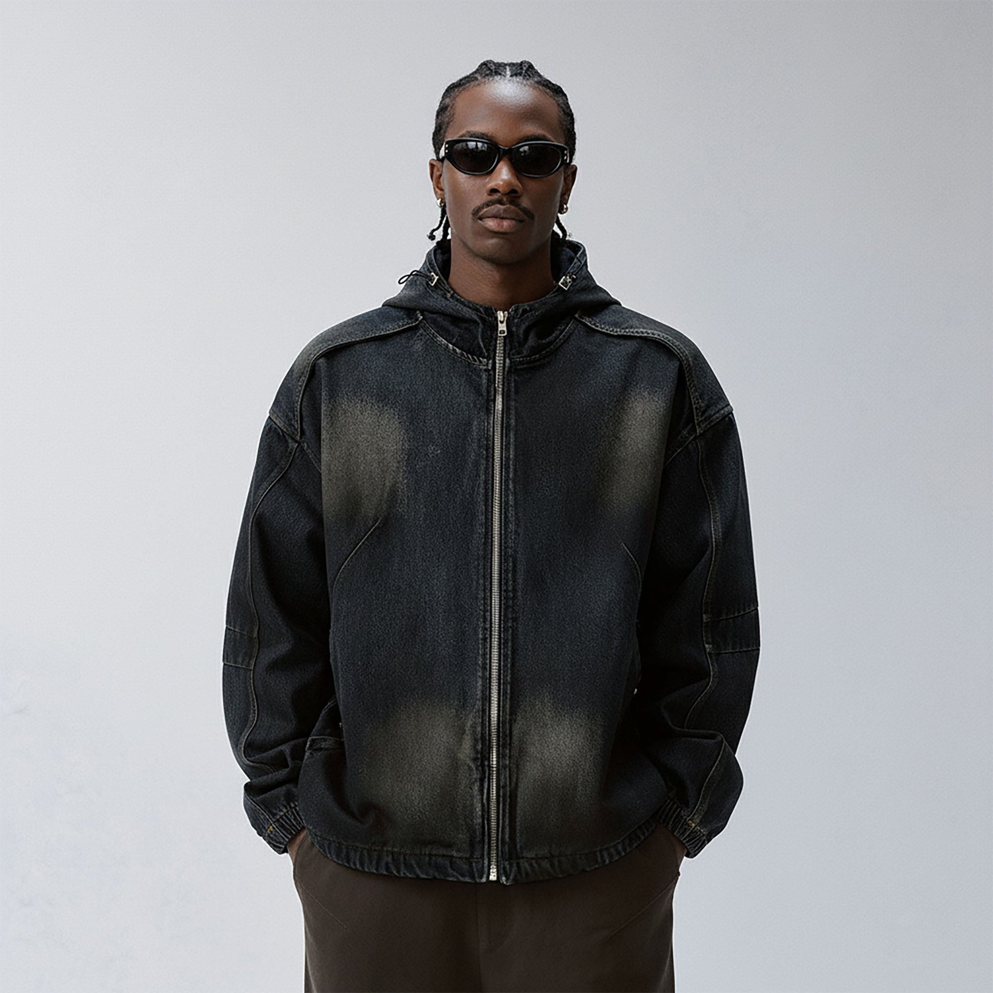 F2CE Washed Paneled Denim Hooded Jacket-Jacket-S-Free Shipping Leatheretro