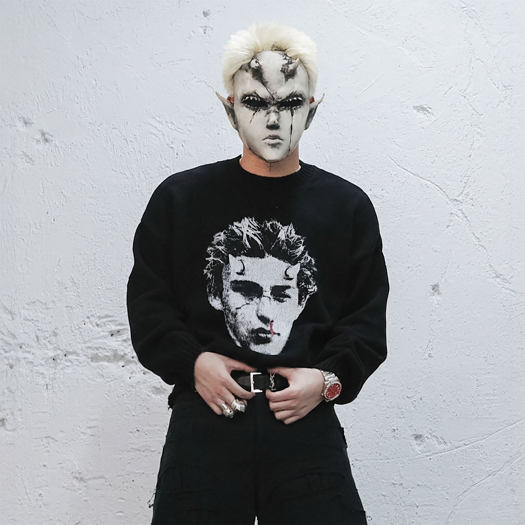 UNDERWATER Demon Portrait Distressed Sweater-Sweater-S-Free Shipping Leatheretro