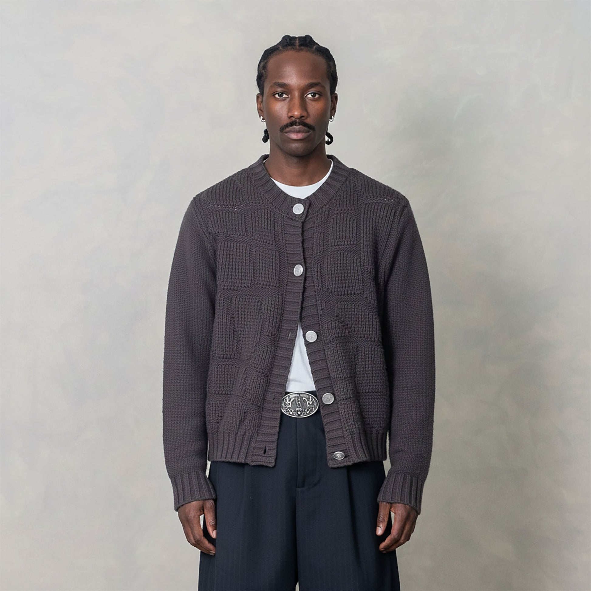 IN EXISTENCE Wool-Blend Snake Scale Jacquard Cardigan-Jacket-XS-Dark Gray-Free Shipping Leatheretro