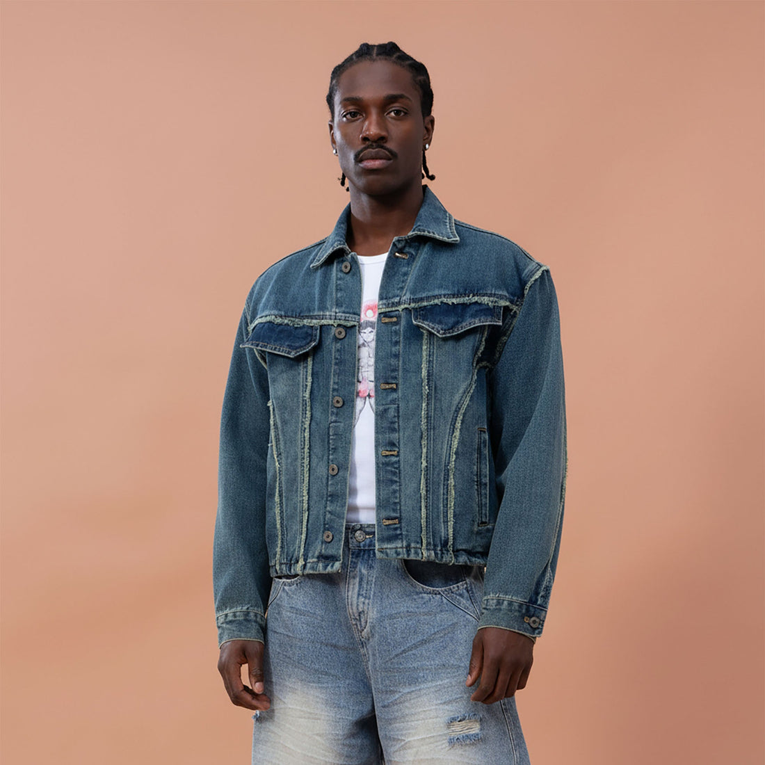 CLP Frayed Paneled Washed Denim Jacket-Jacket-M-Free Shipping Leatheretro