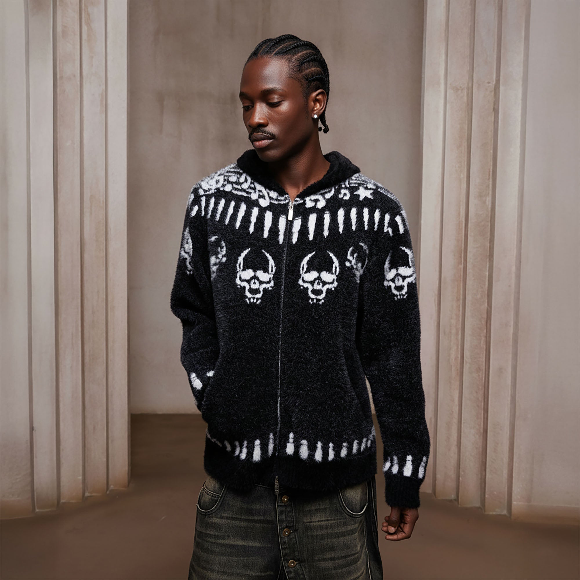 DND4DES Faux Mink Skull Jacquard Hooded Jacket-Jacket-S (Preorder)-Free Shipping Leatheretro