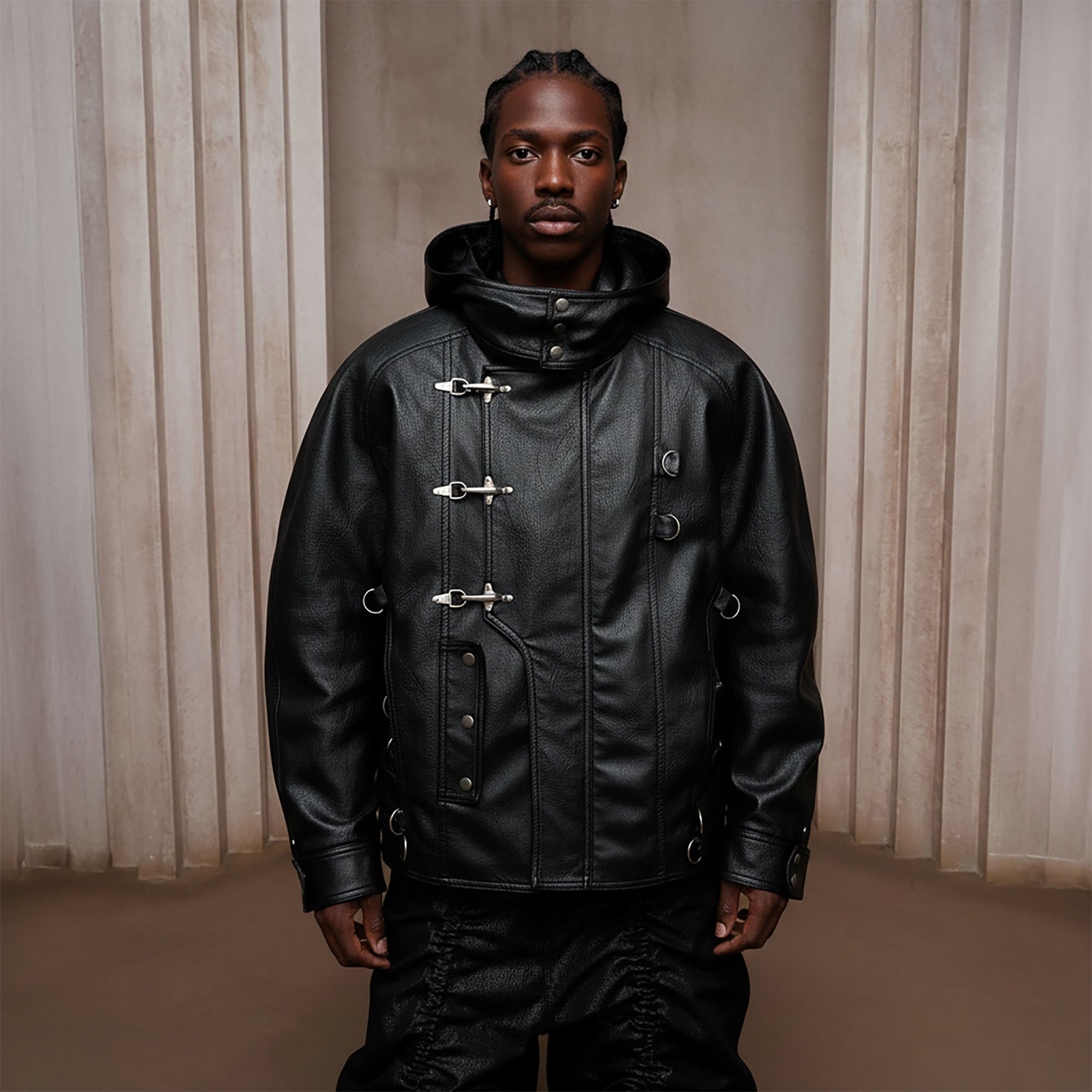 DND4DES Retro Buckle Faux Leather Hooded Jacket-Jacket-S (Preorder)-Free Shipping Leatheretro