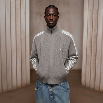 DND4DES Cable-Knit Music Stripes Zip Cardigan-Jacket-S (Preorder)-Gray-Free Shipping Leatheretro