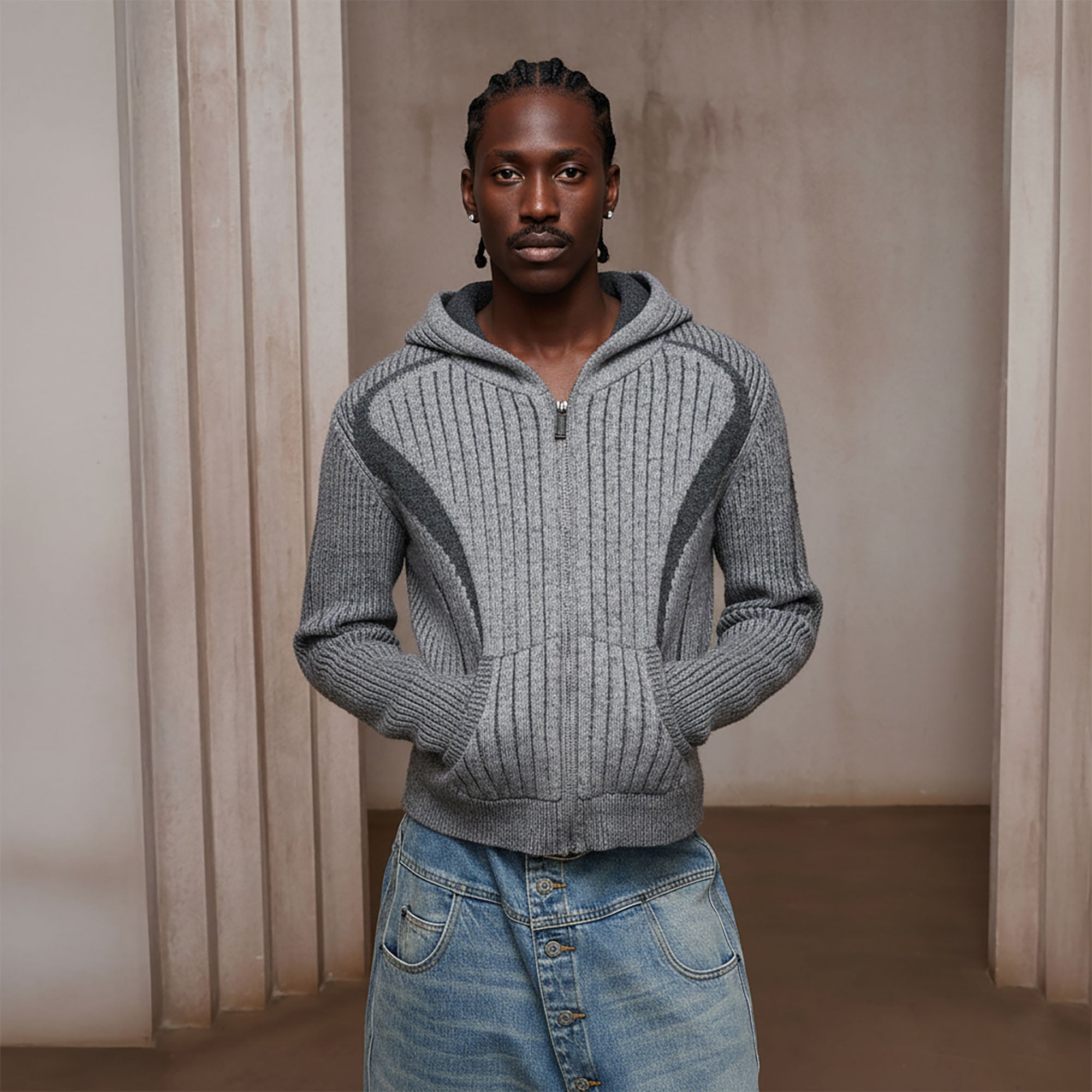 DND4DES Contrast Wool-Blend Hooded Zip Cardigan-Jacket-S-Gray (Preorder)-Free Shipping Leatheretro